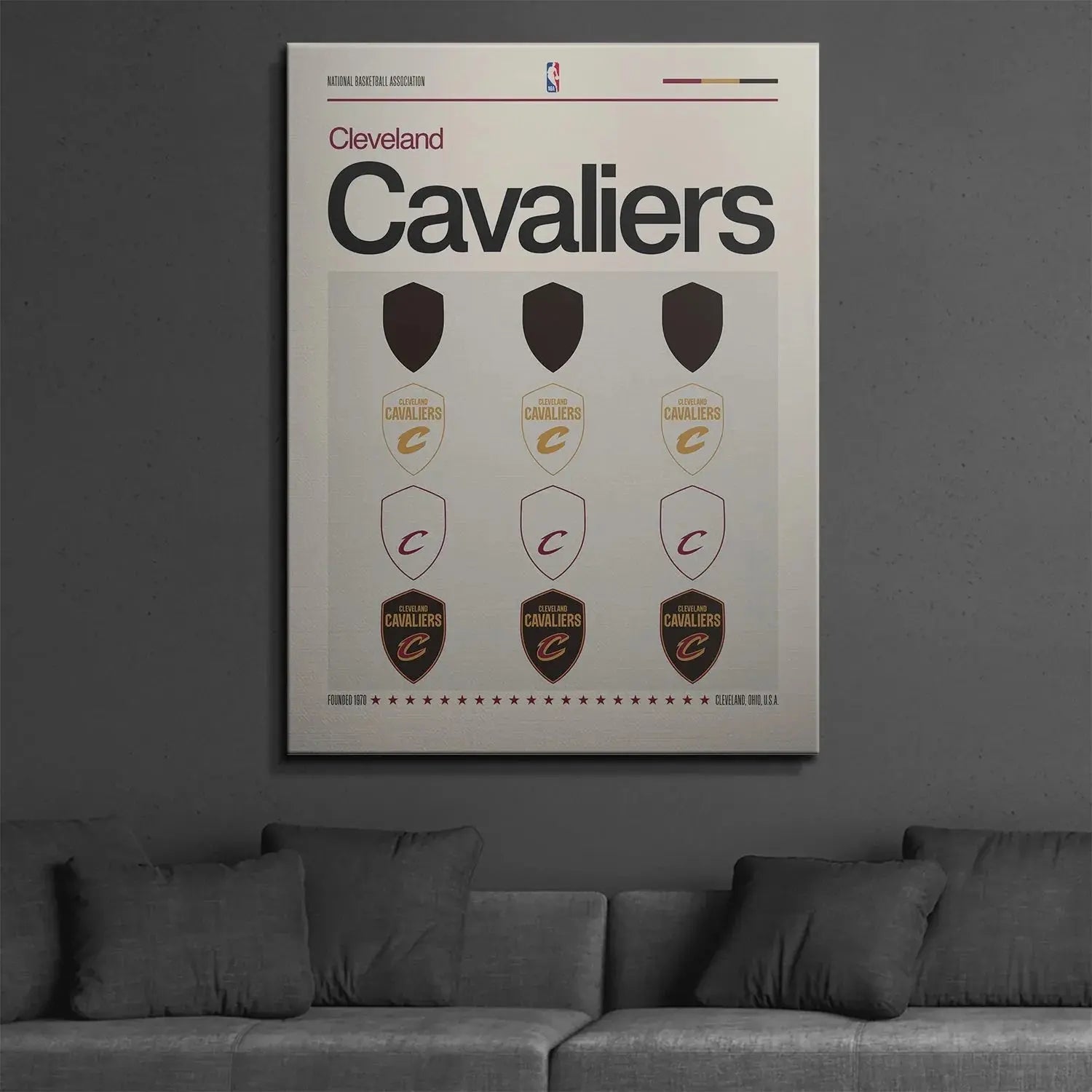 Corner detail showing the NBA logo and 'Cleveland' text on the 'Deconstructed Logo - Cavaliers' graphic analysis.