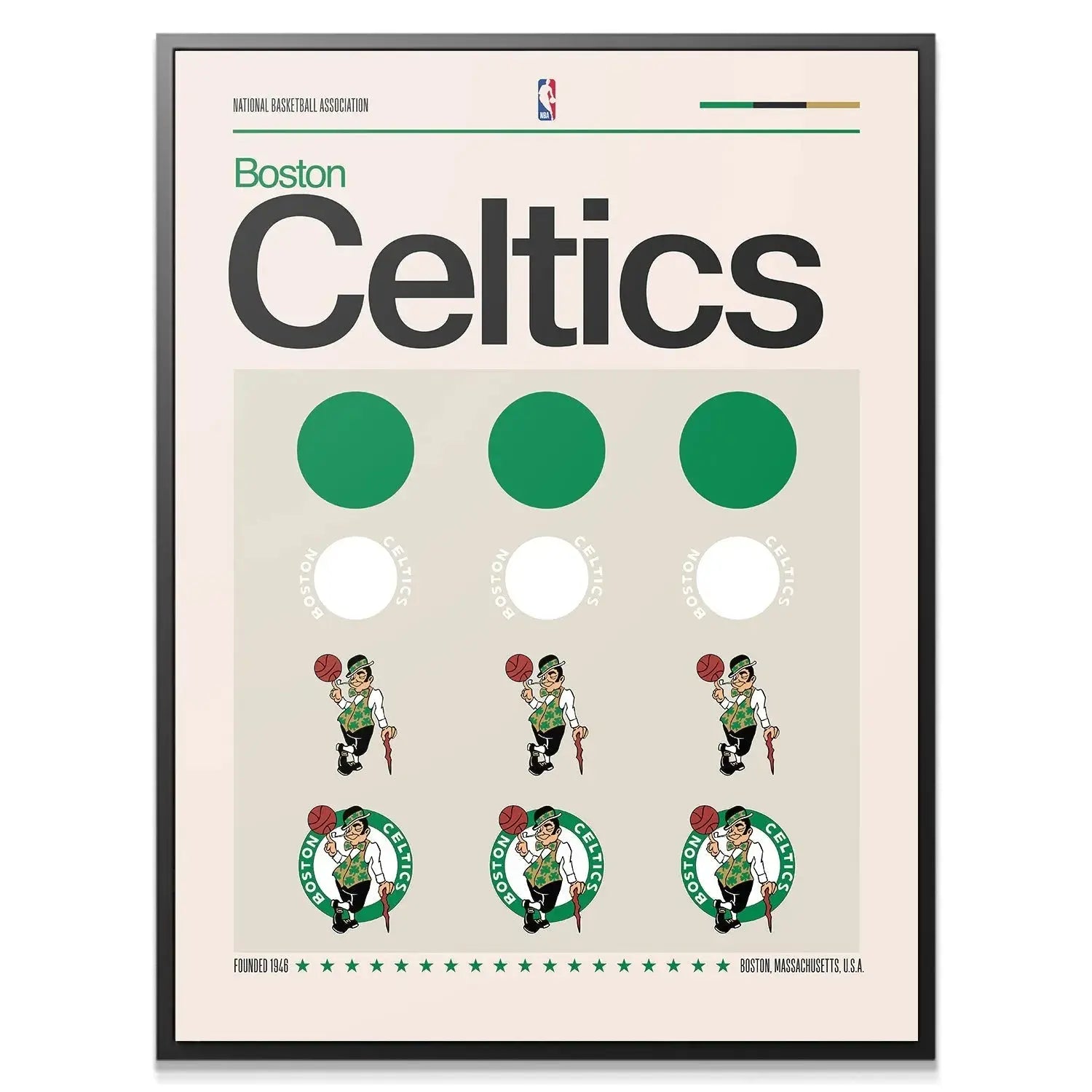 Close-up detail shot of the repeated Leprechaun mascot illustrations on the Deconstructed Logo - Celtics poster.