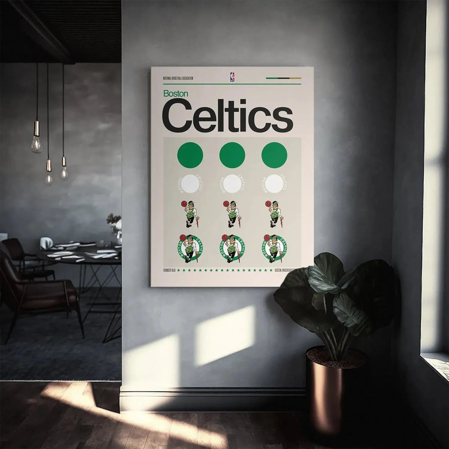 Corner angle view showcasing the "Founded 1946" text and star details on the Deconstructed Logo - Celtics print.