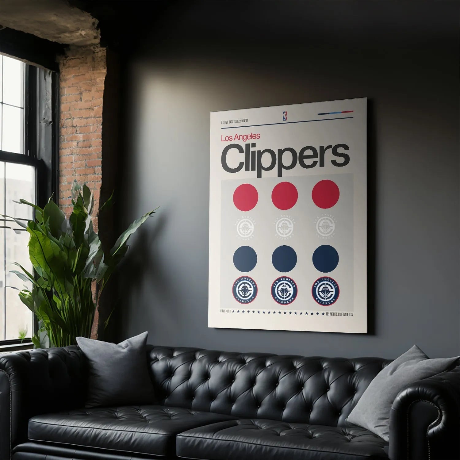 Elevated angle showing the contrast between the red and navy circles in the Deconstructed Logo - Clippers display.