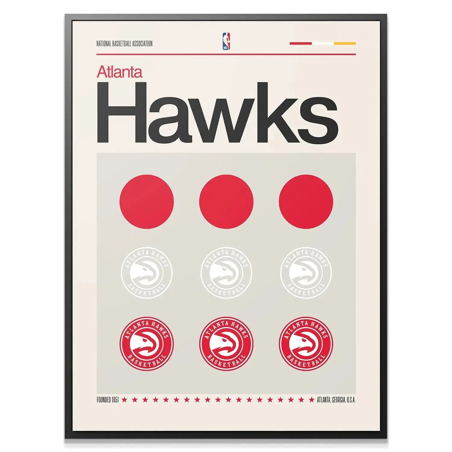 Close-up detail of the three prominent red circles on the Deconstructed Logo - Hawks graphic study.