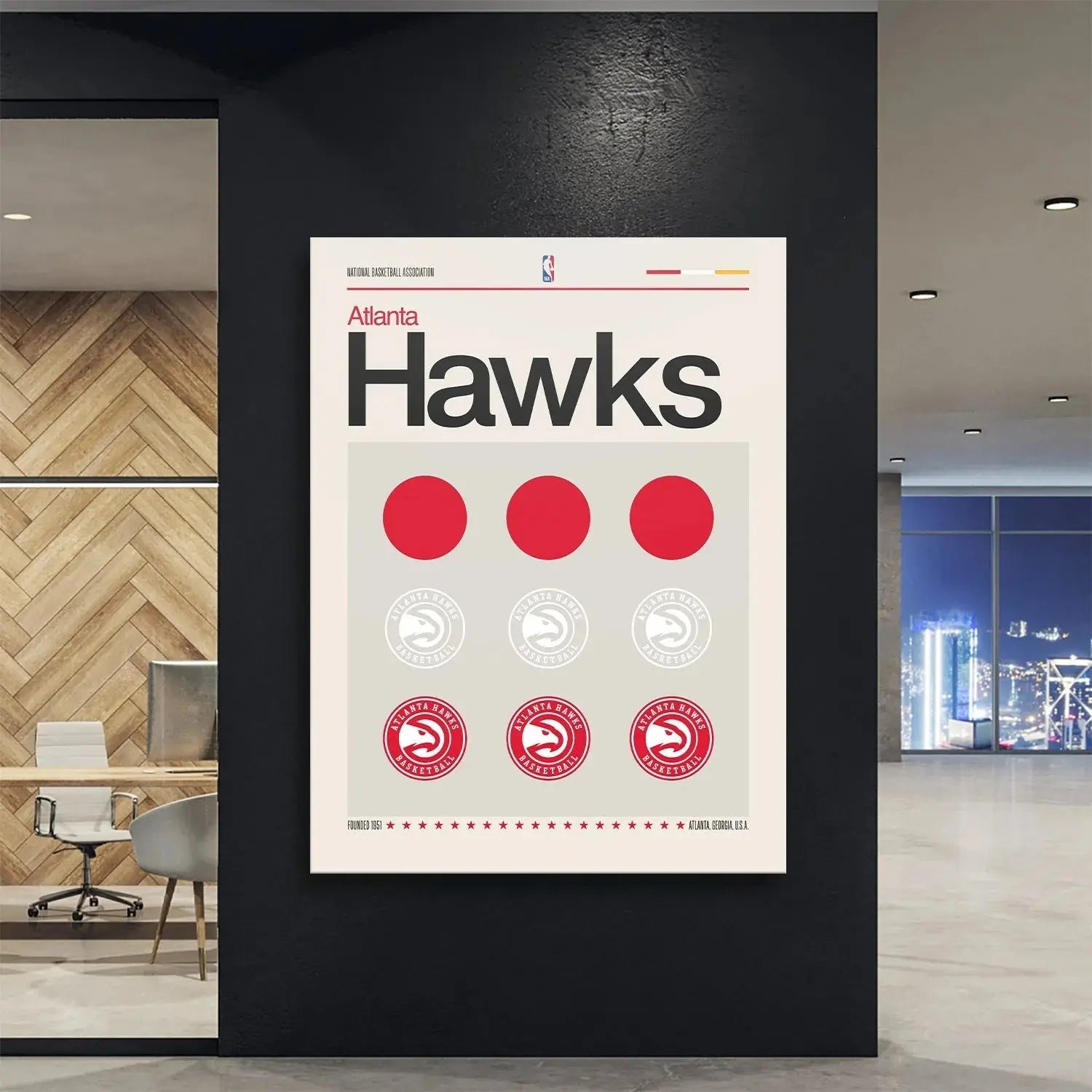 Lifestyle mock-up of the Deconstructed Logo - Hawks poster framed elegantly in a modern office setting.