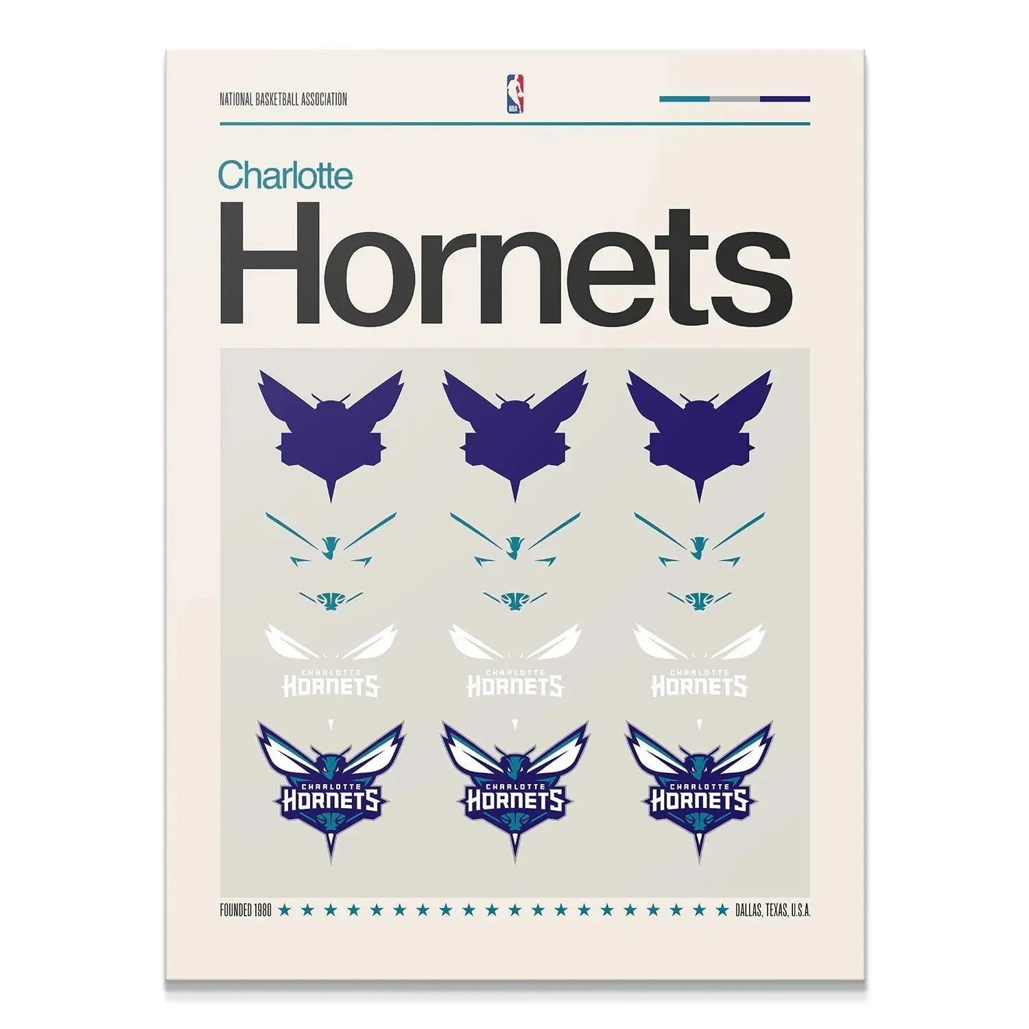 Full view of the minimalist white and purple official Deconstructed Logo - Hornets print detailing logo components.