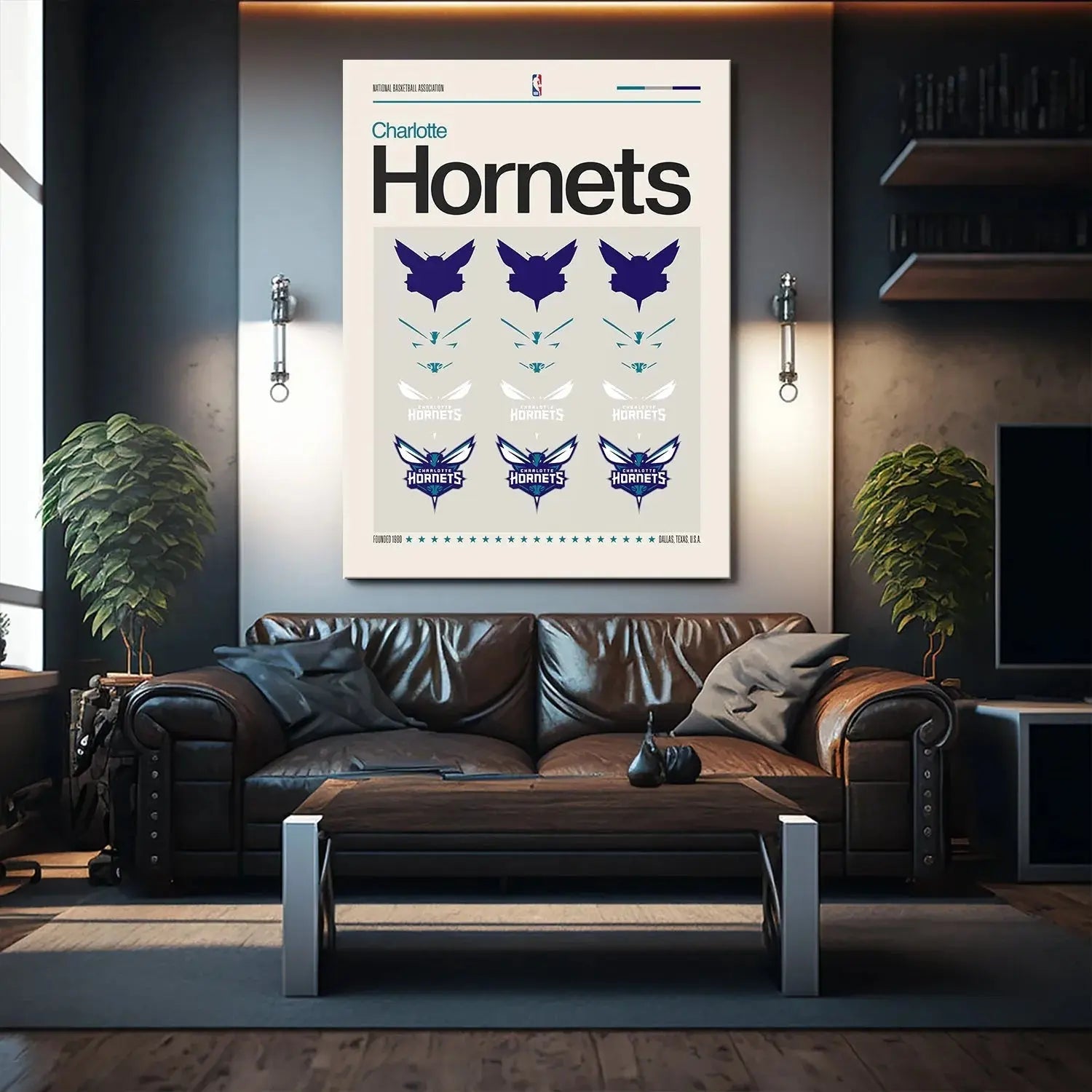 Lifestyle photo of the Deconstructed Logo - Hornets poster hanging framed in a modern office setting.