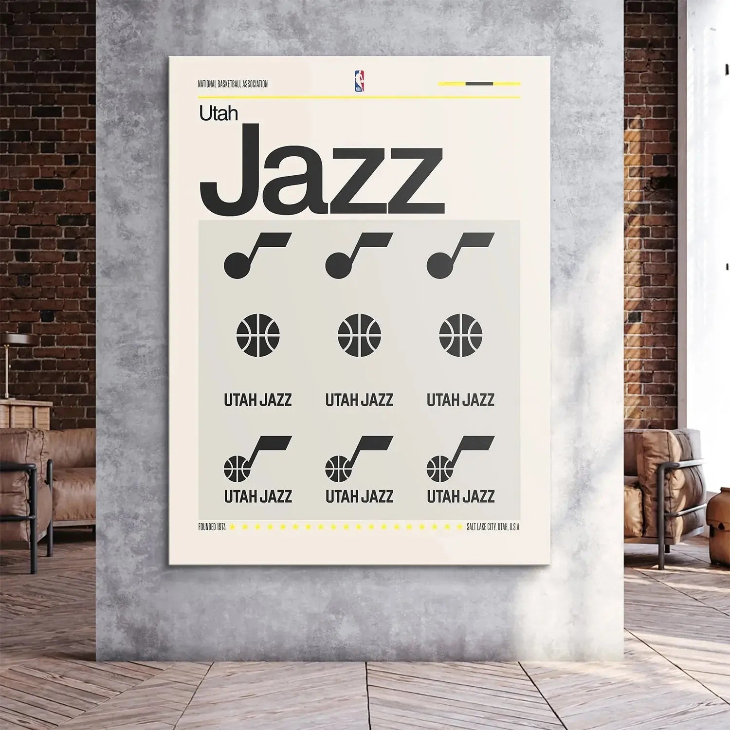 Angled view of the 'Deconstructed Logo - Jazz' print, showing the repetition of black musical note icons.
