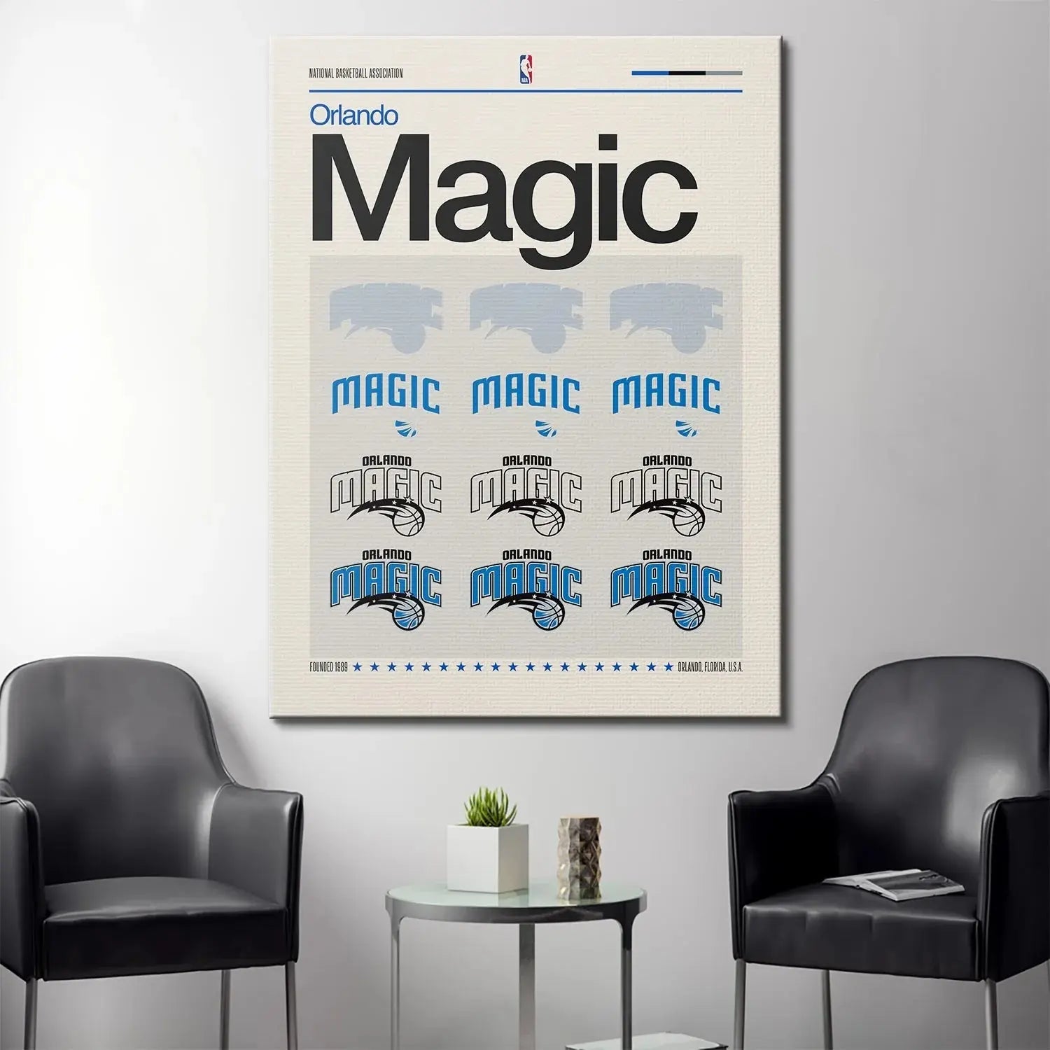 Angle highlighting the repetitive blue and black outline text treatments of the team name in Deconstructed Logo - Magic.