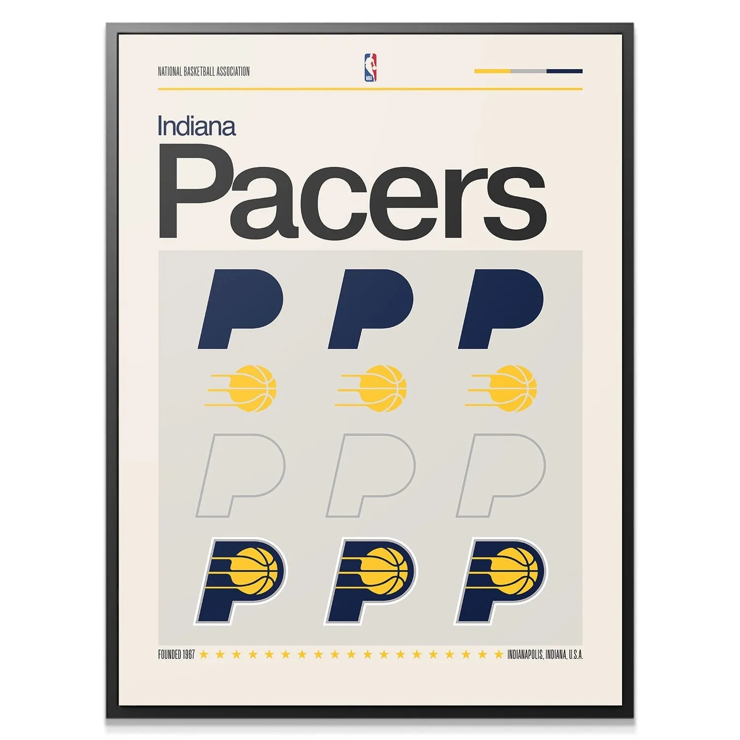 Detail shot showing the navy blue 'P' elements of the 'Deconstructed Logo - Pacers' design arrangement.