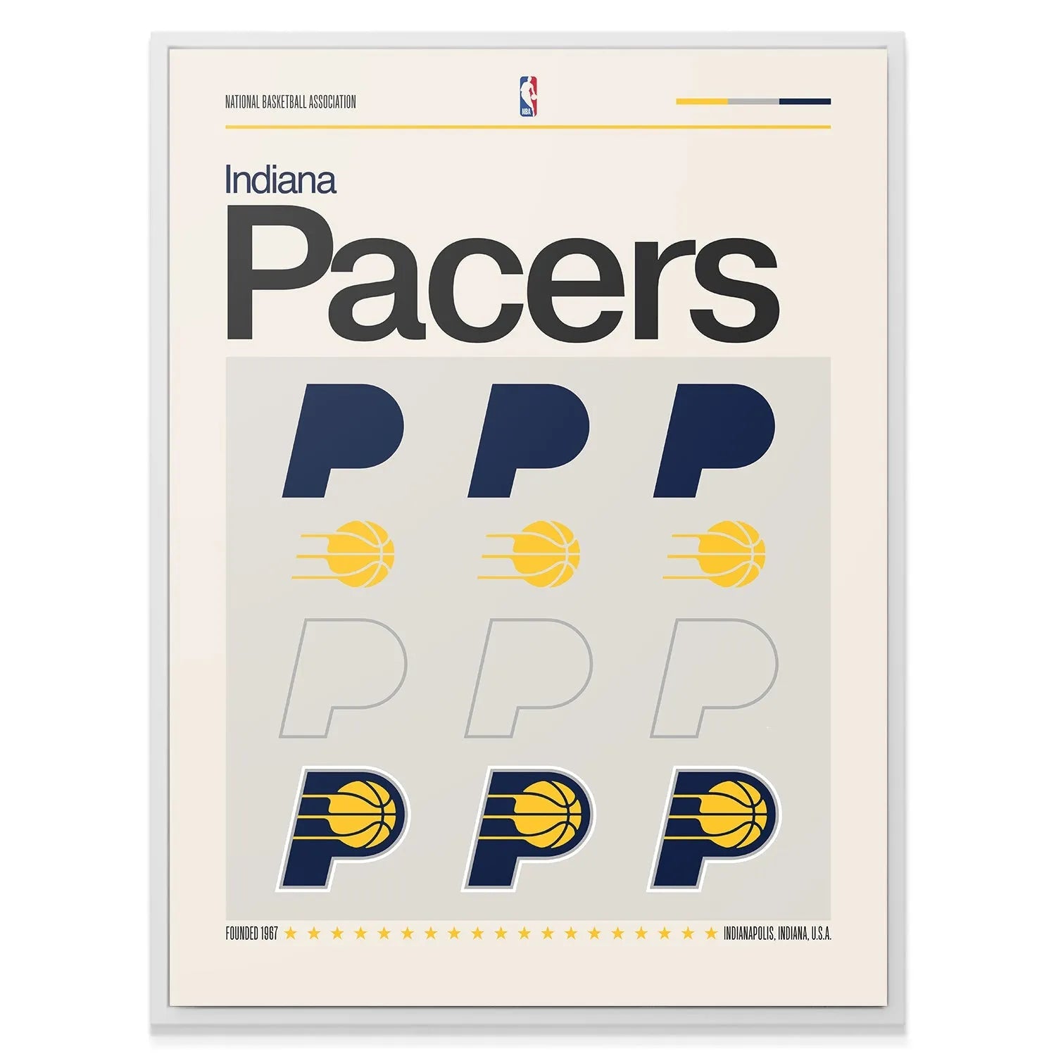 Close-up of the yellow speeding basketball icons within the 'Deconstructed Logo - Pacers' print composition.