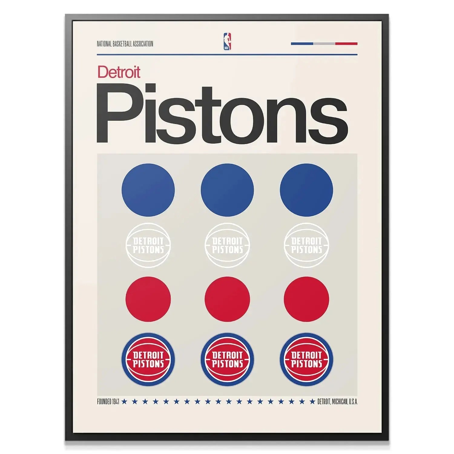 Close-up detail shot of the red and blue circles featured in the Deconstructed Logo - Pistons print's geometric section.