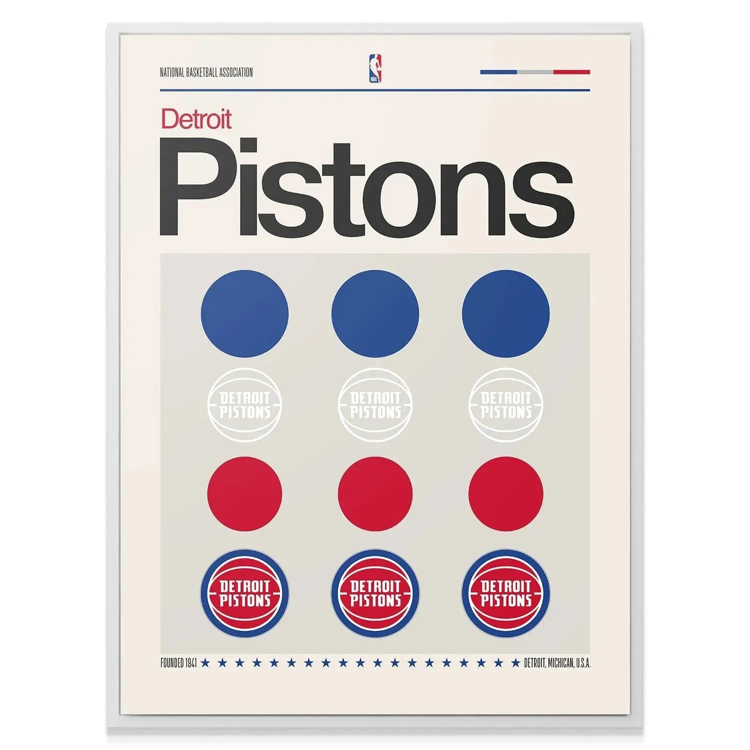 Angled shot of the Deconstructed Logo - Pistons artwork mounted in a sleek black frame against a modern white wall.