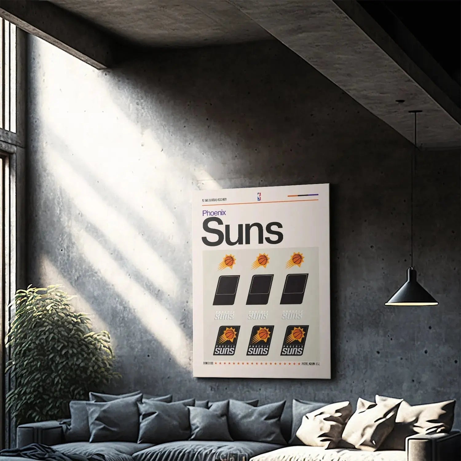 Lifestyle shot of the Deconstructed Logo - Suns wall art displayed in a modern, minimalist apartment setting.