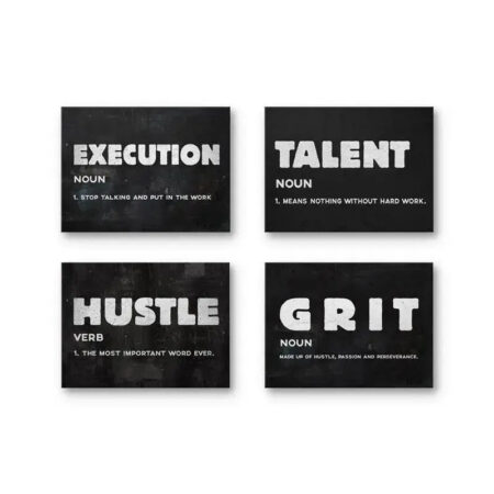 Full overhead view of the four black and white motivational posters included in the Definitions Bundle collection.