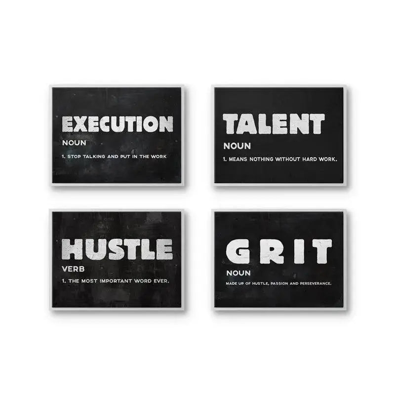 Angled shot highlighting the GRIT definition poster included in the complete Definitions Bundle arrangement.