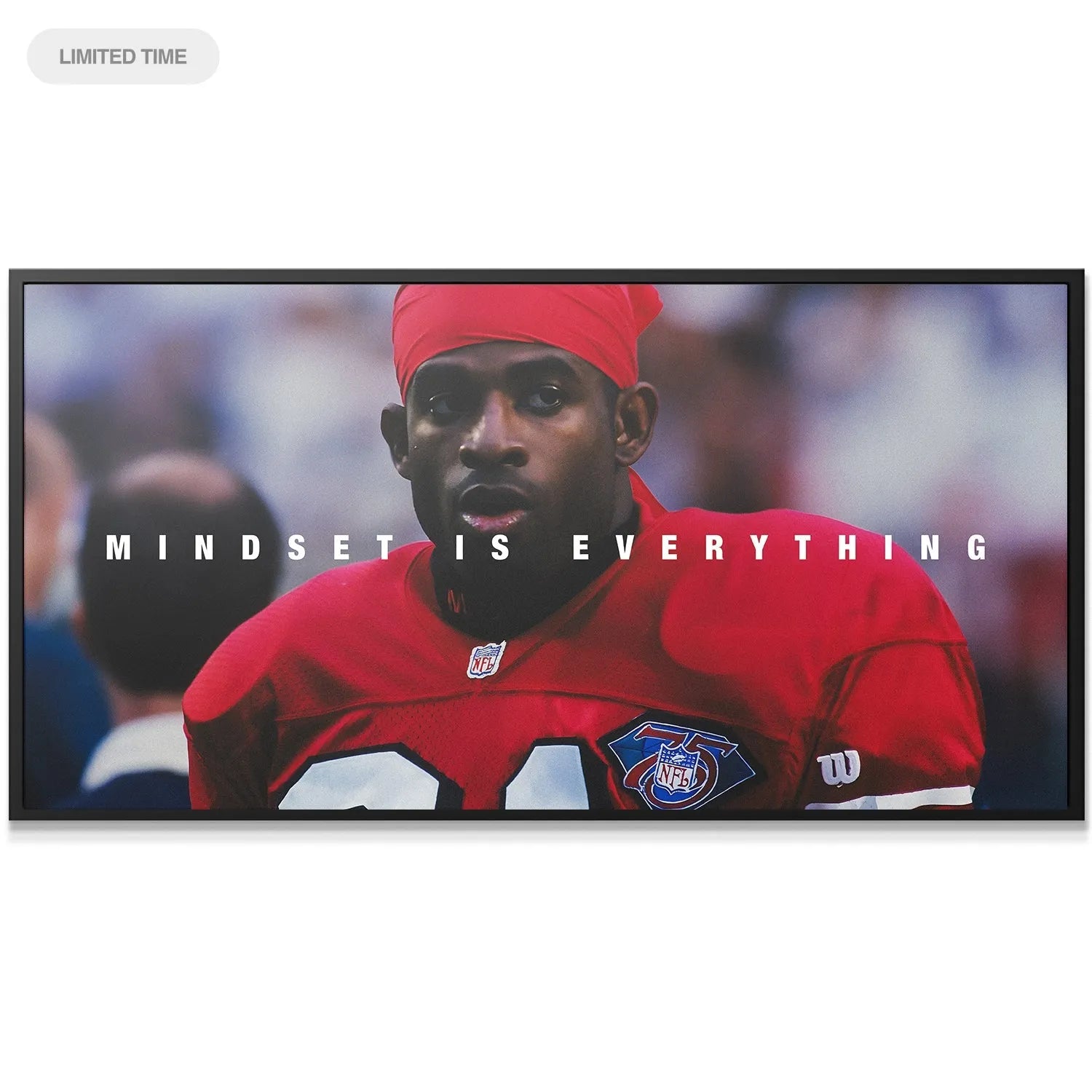 Full view of the vibrant red NFL jersey worn by Deion Sanders - Mindset is Everything artwork.