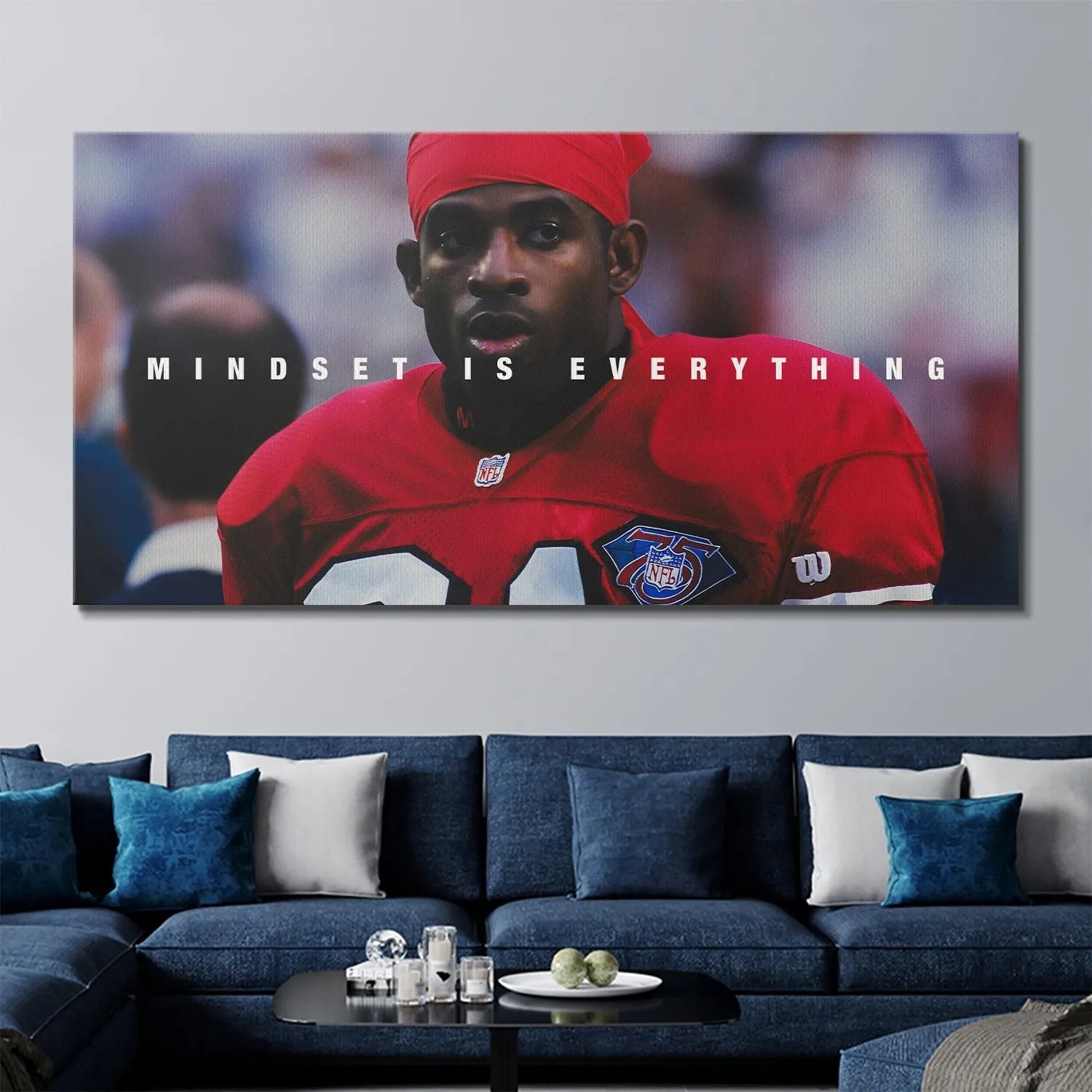 Side angle perspective of the mounted 'Deion Sanders - Mindset is Everything' wall decor displayed in a modern office setting.