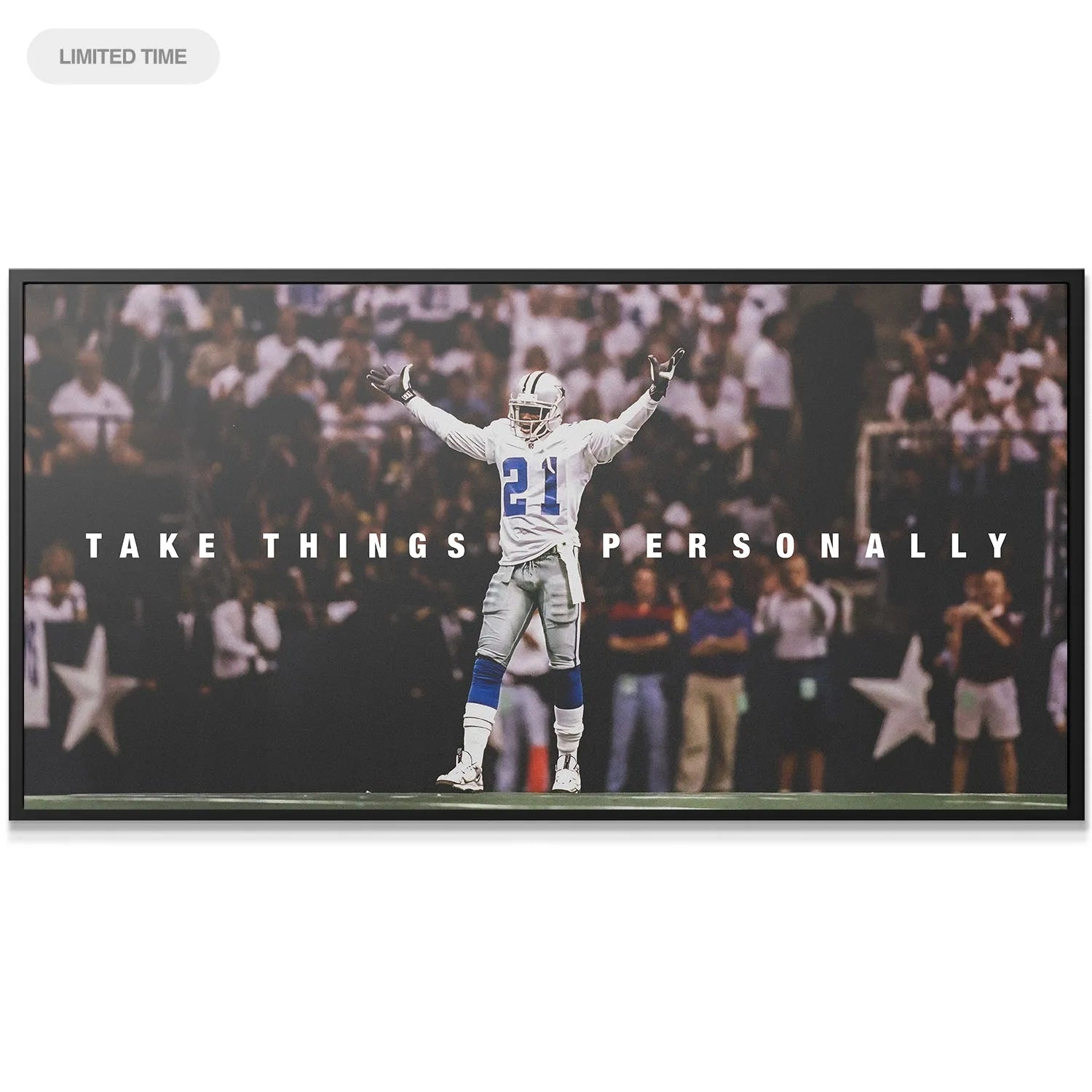 Close-up detail of the canvas texture featuring Deion Sanders - Take Things Personally graphic overlay.