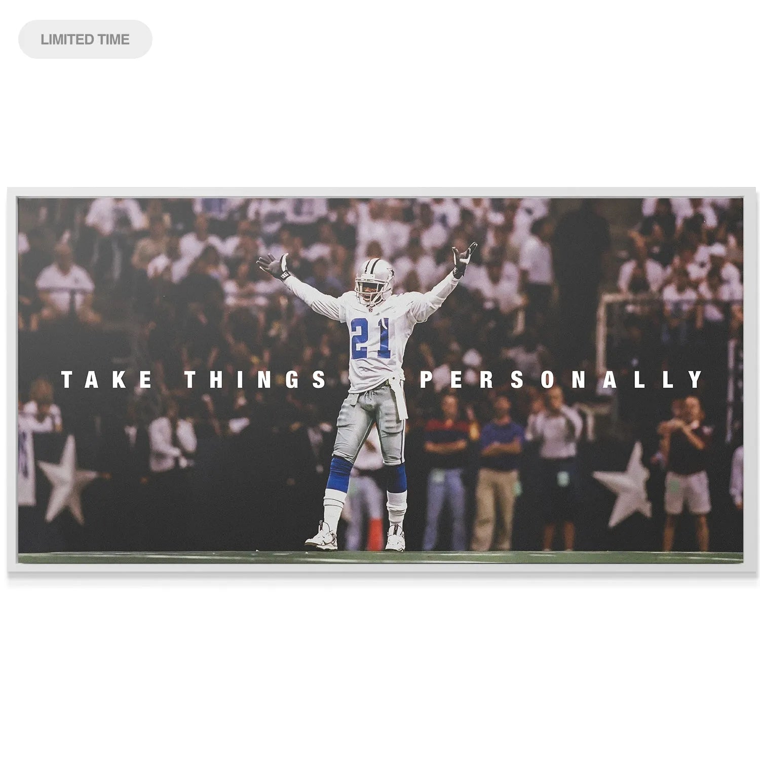 Wide-angle shot of the framed Deion Sanders - Take Things Personally wall art in a modern office environment.