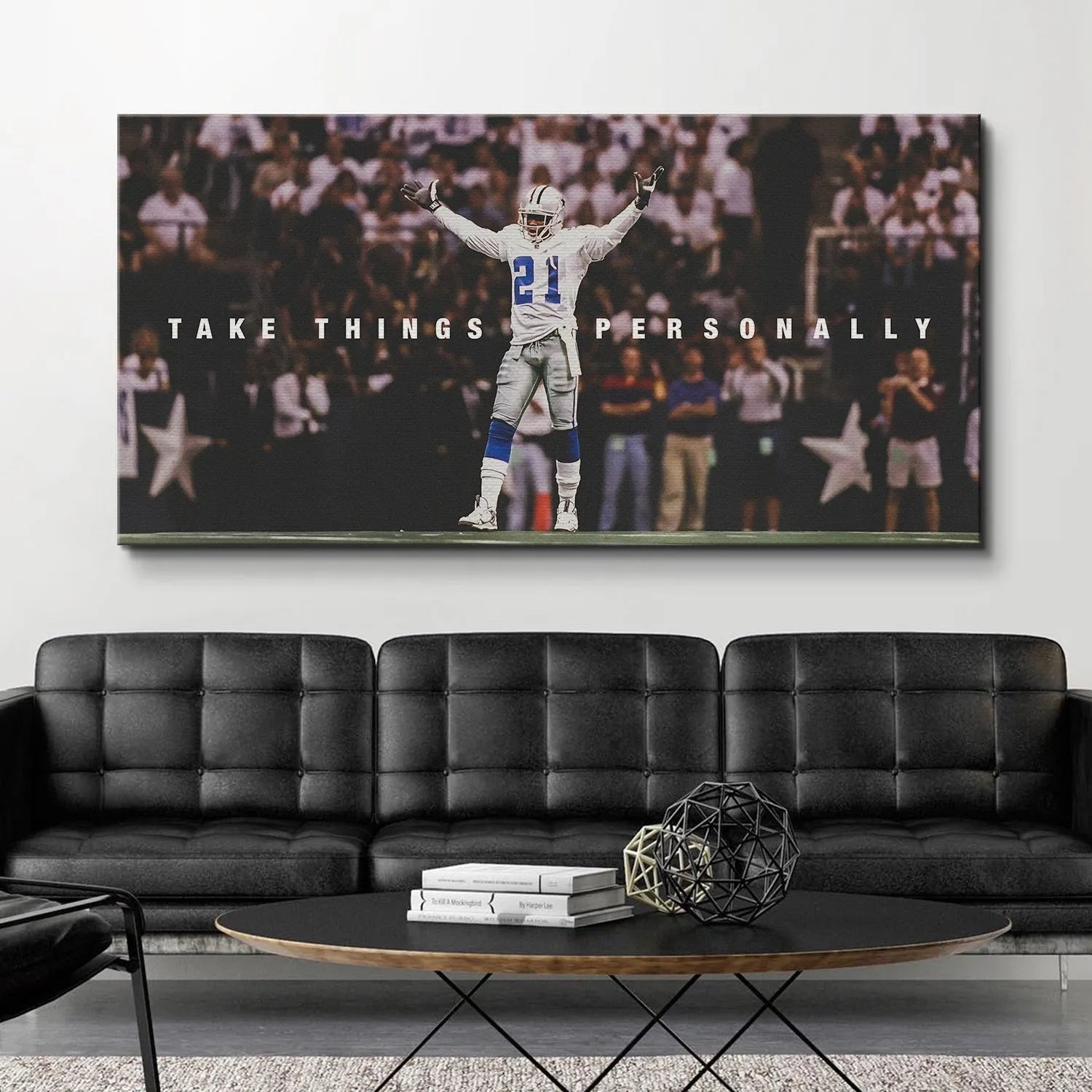 Detail of Deion Sanders #21 jersey captured within the Take Things Personally motivational poster.