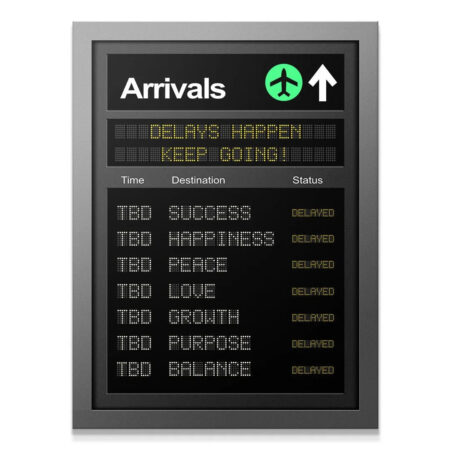Full view of the airport arrivals board highlighting the phrase 'Delays happen! Keep going!' art print.