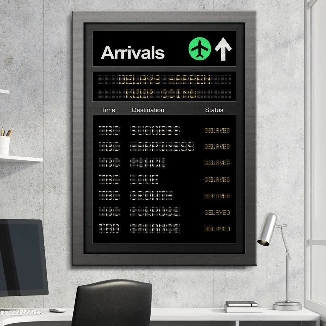 Detailed shot of the LED-style text texture displaying the flight information and highlighting potential Delays.