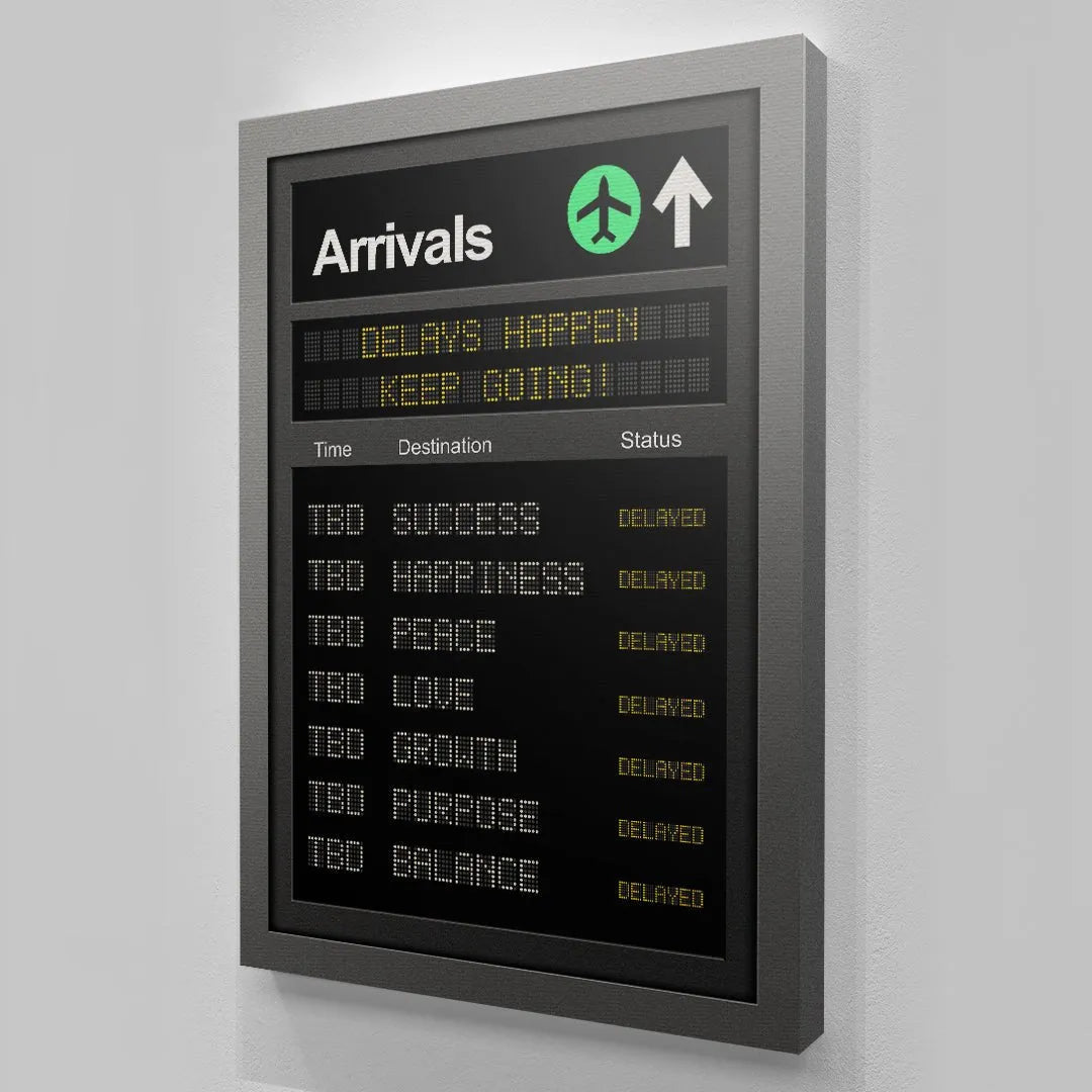 Wide-angle perspective of the framed 'Delays' artwork emphasizing the sleek gray border design.