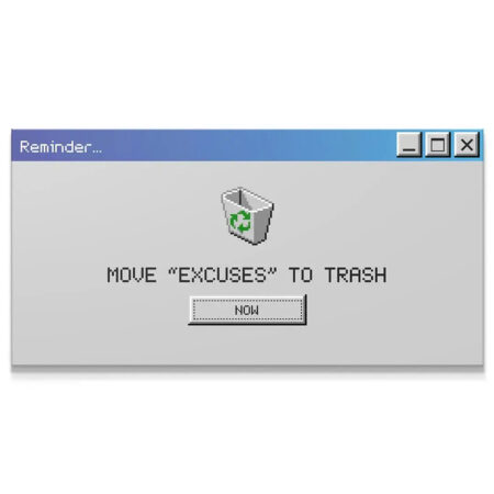 Close-up of the pixel art trash can icon with 'Delete Excuses' motivational reminder.