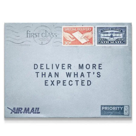 Full flat lay view of vintage airmail envelope print emphasizing the text "Deliver More Than What's Expected."