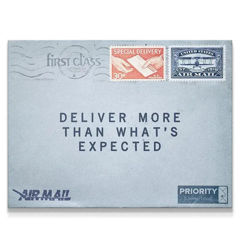 Full flat lay view of vintage airmail envelope print emphasizing the text "Deliver More Than What's Expected."