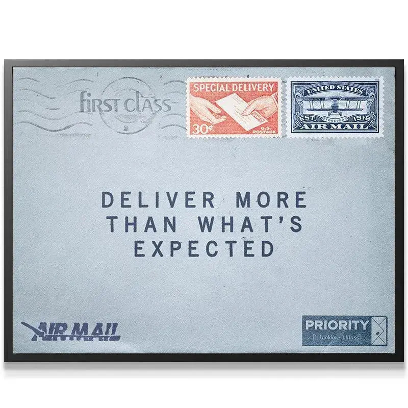 Close-up detail of the Special Delivery stamp texture and hands graphic on the motivational "Deliver More" artwork.