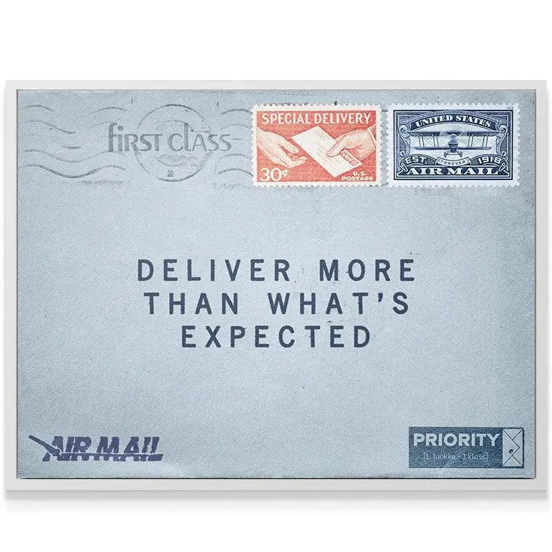 Textured surface shot showing the faded blue paper and bold lettering of the "Deliver More" poster design.