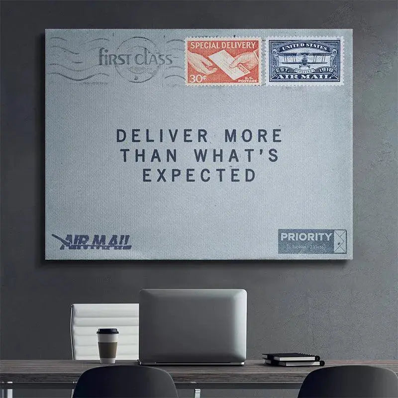 Angled view of the retro "First Class" postmark stamp detail on the upper left of the "Deliver More" design.