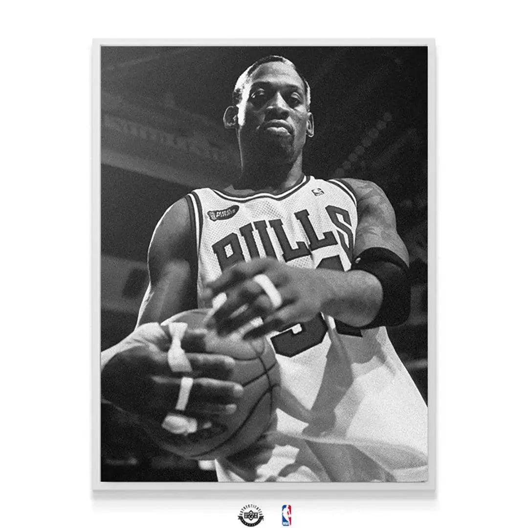 Lifestyle view of the iconic 'Dennis Rodman - Bullish' wall art displayed in a modern entertainment room.