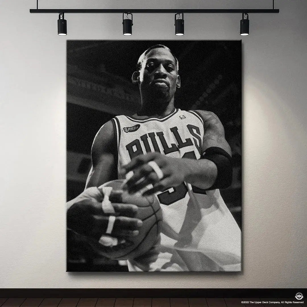 Overhead angle showcasing the high-definition canvas surface of Dennis Rodman - Bullish artwork.