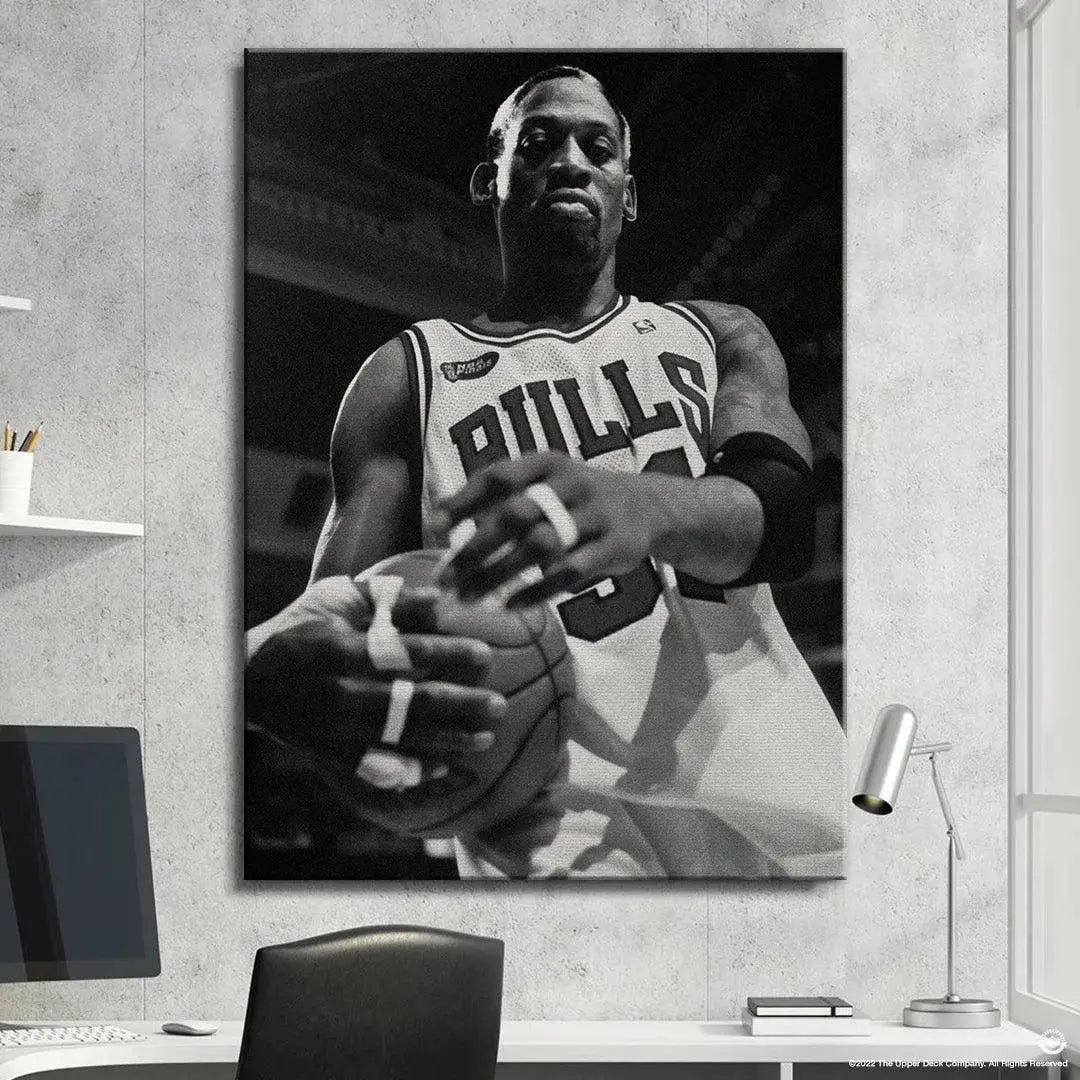 Action close-up of the Bulls logo patch visible on the jersey of Dennis Rodman - Bullish.