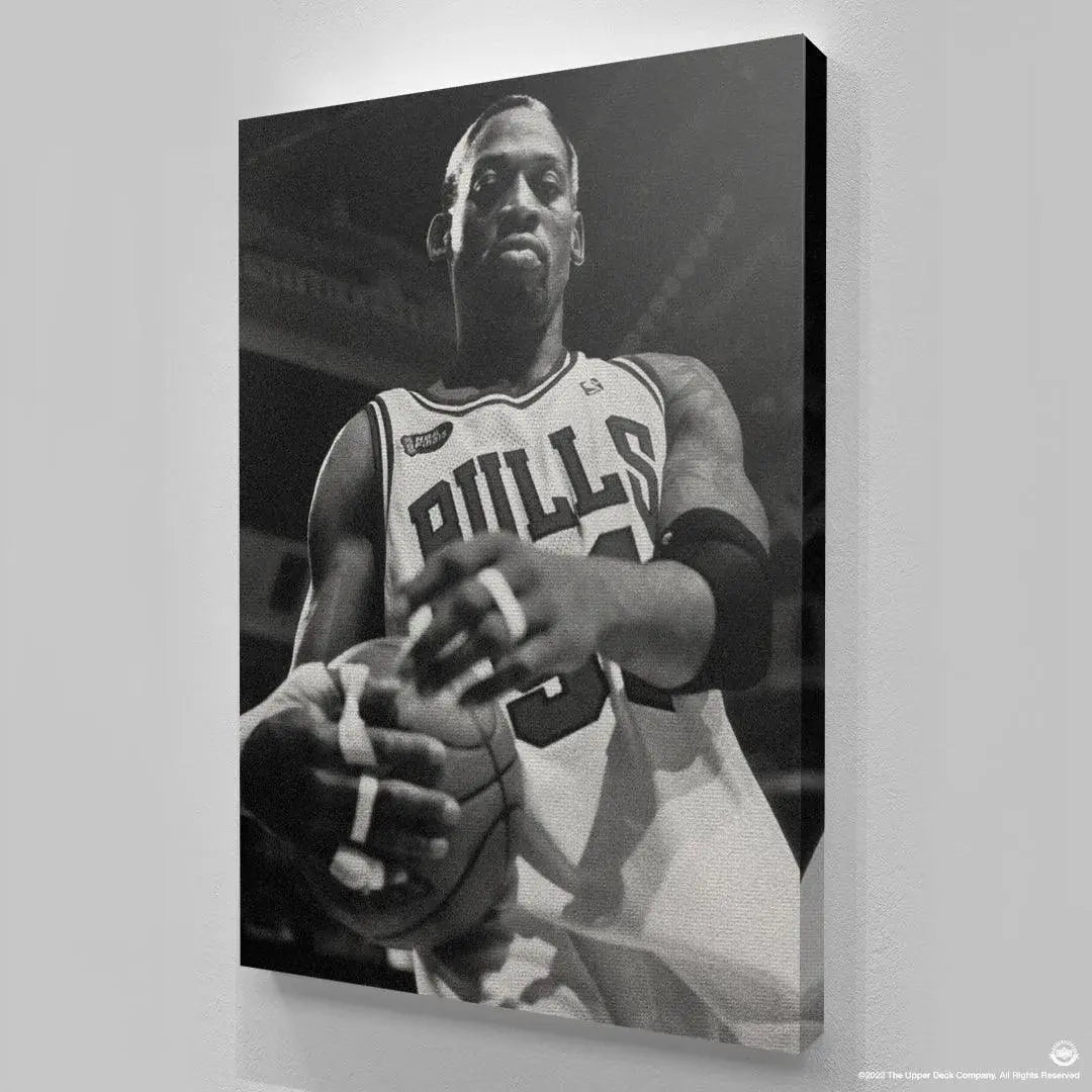 Vintage-style sports photography capturing the physical presence of Dennis Rodman - Bullish.