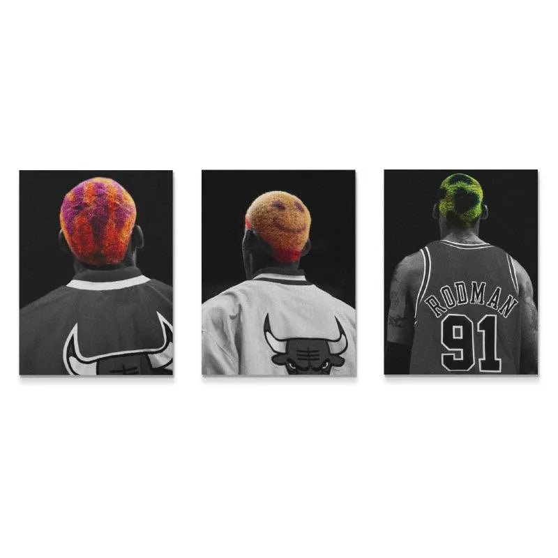 Close-up texture view of the red and purple hair on the first panel of the Dennis Rodman Bundle 2 artwork.