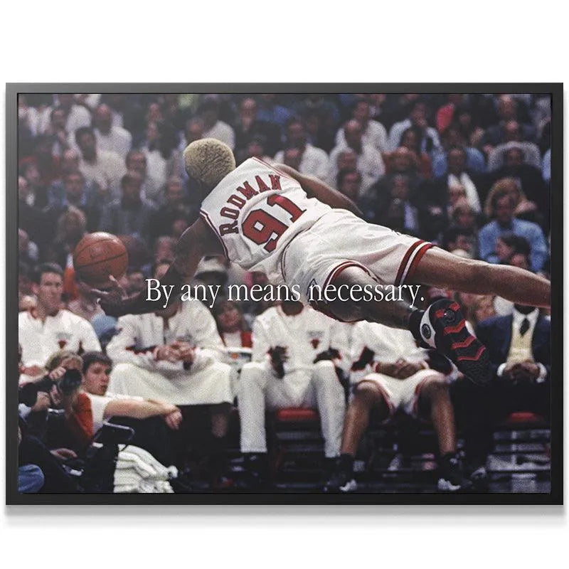 Horizontal view of Rodman mid-air, number 91 visible: Dennis Rodman - By Any Means.