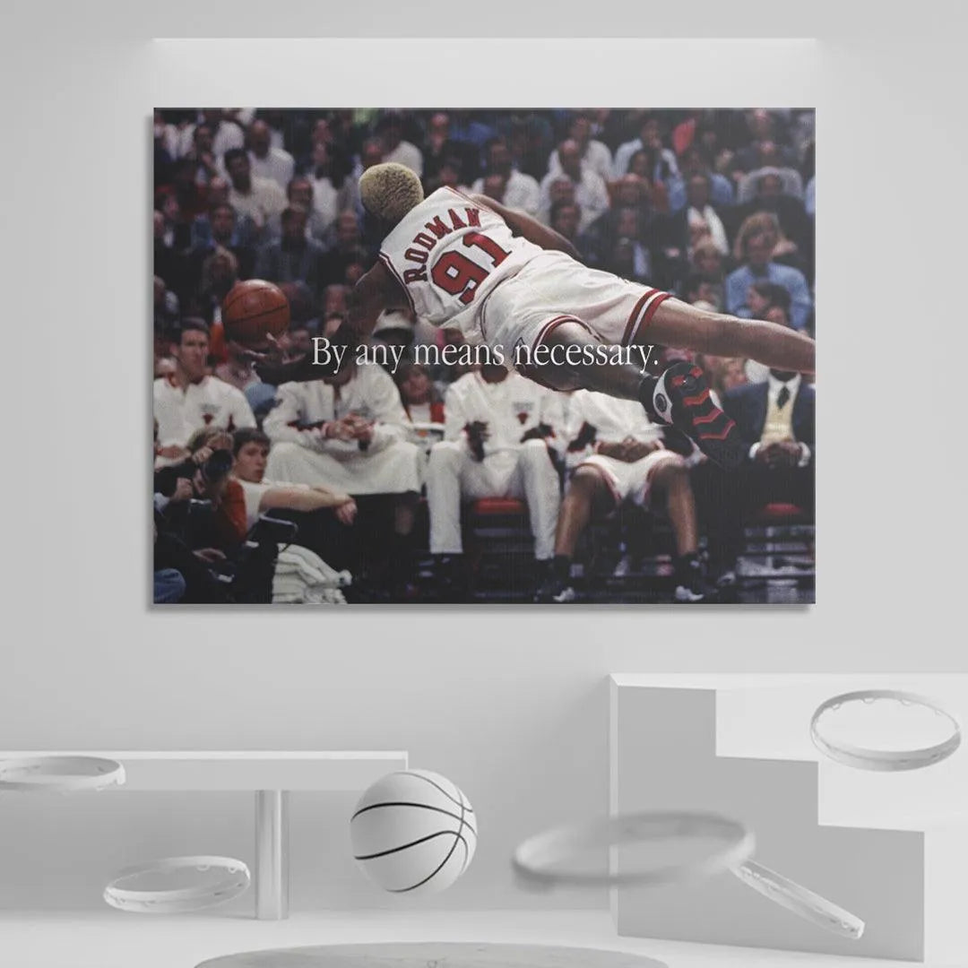 Dramatic court lighting highlighting Rodman's white jersey during the play: Dennis Rodman - By Any Means.