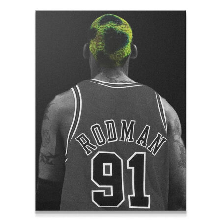 Close-up shot of Dennis Rodman - Camo, focusing on the texture of his vibrant green hair.