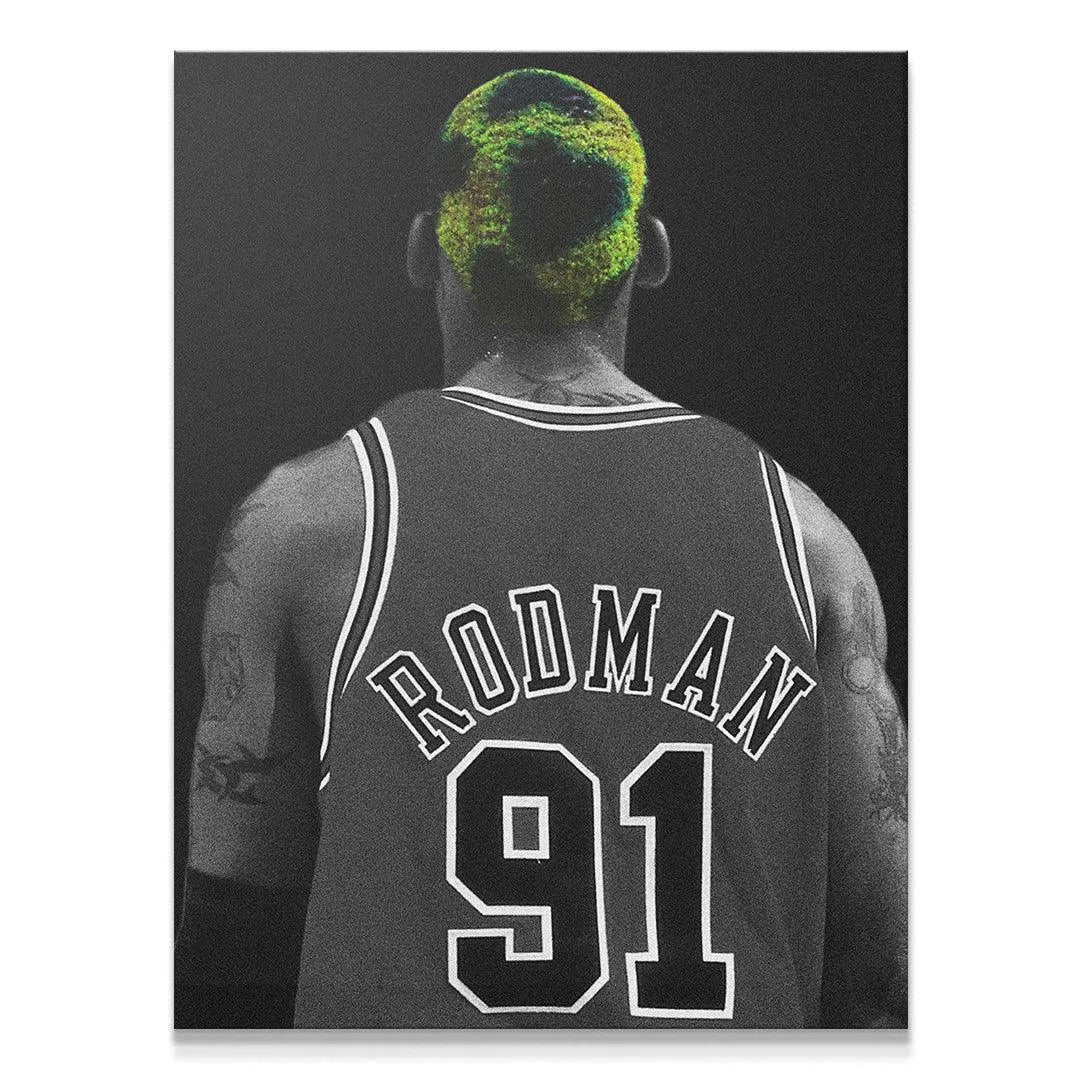 Close-up shot of Dennis Rodman - Camo, focusing on the texture of his vibrant green hair.