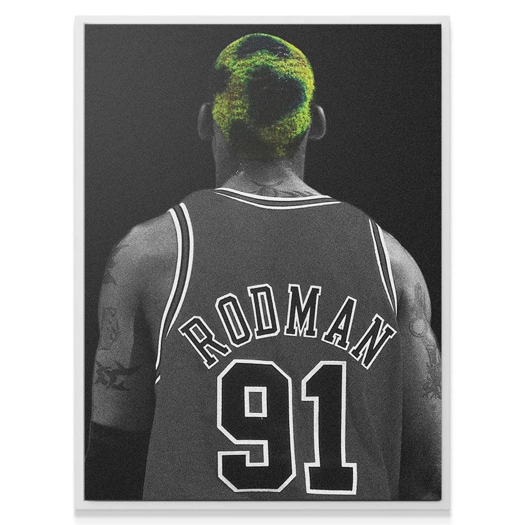 Back angle view of NBA legend Dennis Rodman - Camo, standing on the court ready for a rebound.