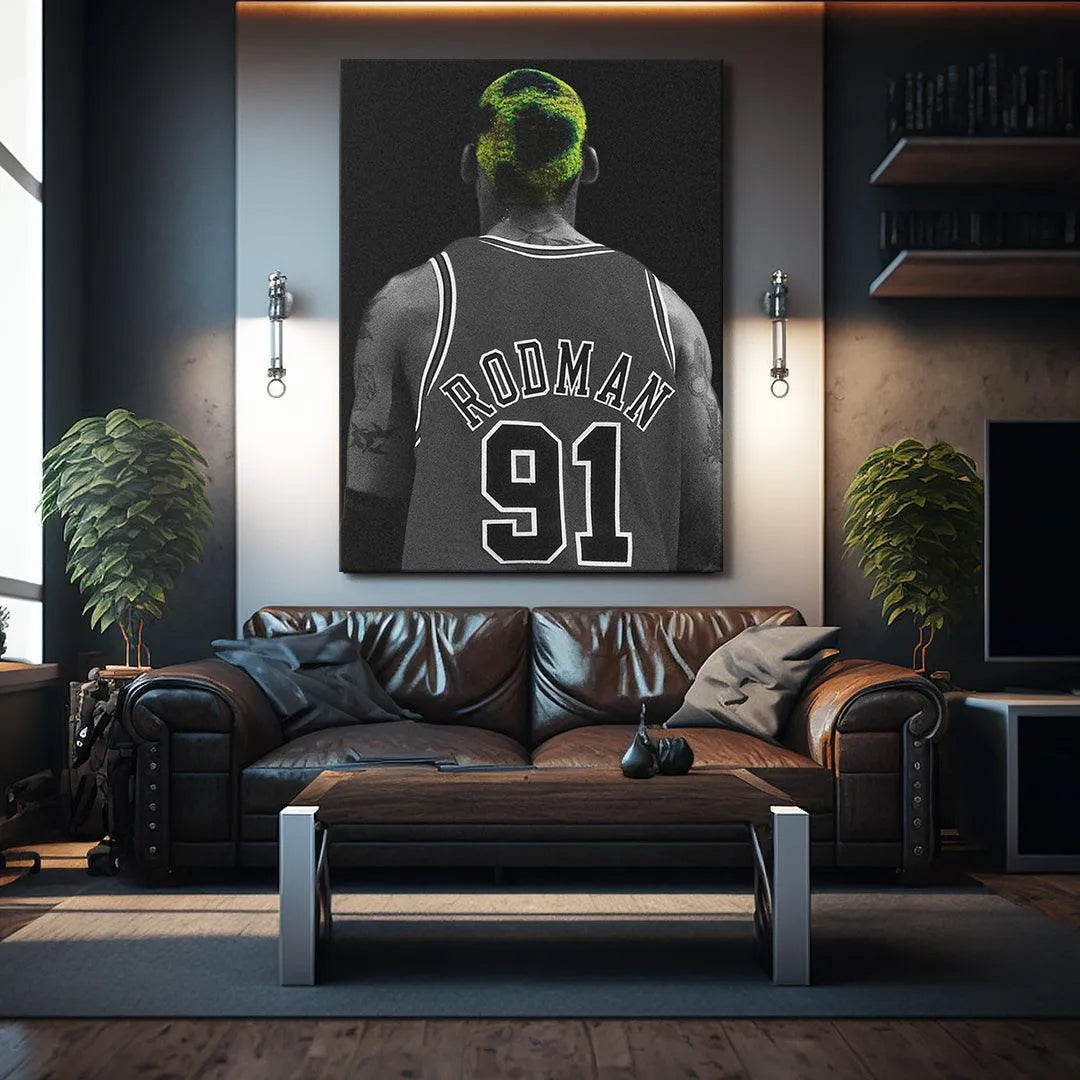 High-quality art print of Dennis Rodman - Camo showing the black and white effect with color pop.