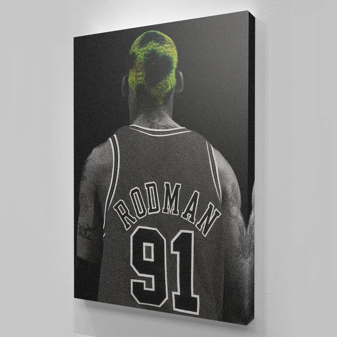 Lifestyle mockup of the Dennis Rodman - Camo canvas hanging in a modern apartment setting.