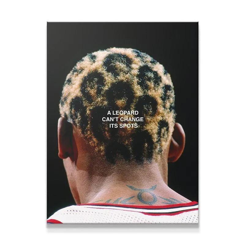Close-up texture of 'Dennis Rodman - Leopard Spots' haircut showing detailed dye work.