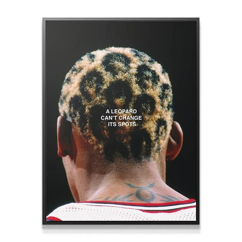High-angle view of the back of the head featuring 'Dennis Rodman - Leopard Spots' canvas print.