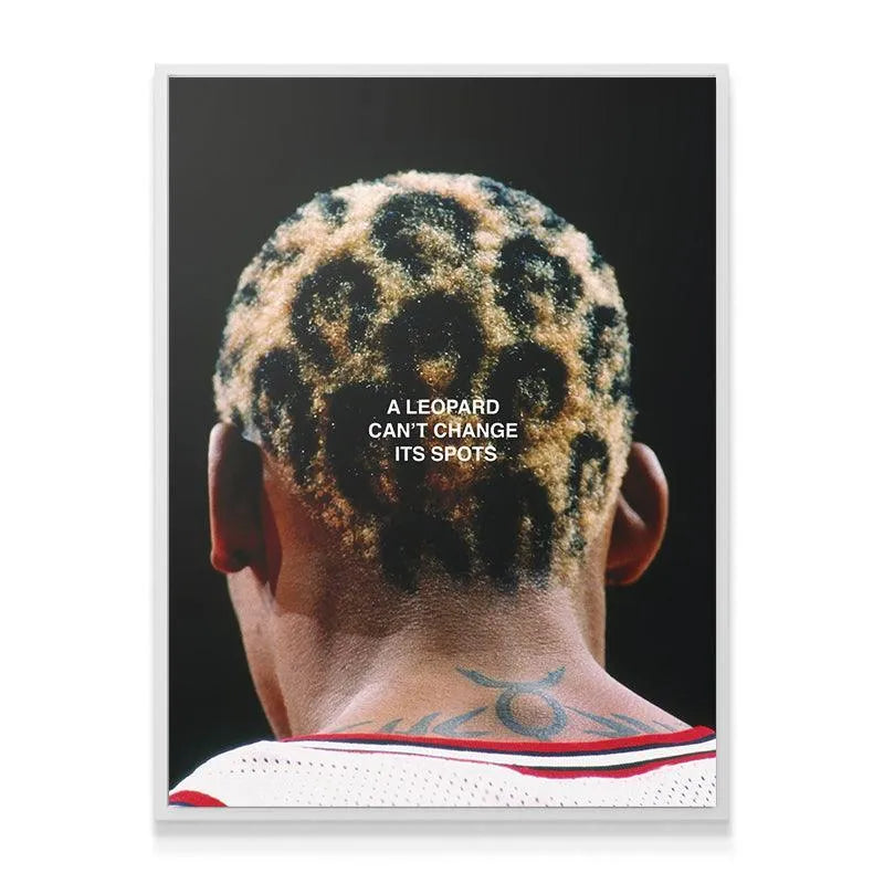 Rear profile showing Dennis Rodman's neck tattoo beneath the 'Dennis Rodman - Leopard Spots' hairstyle.