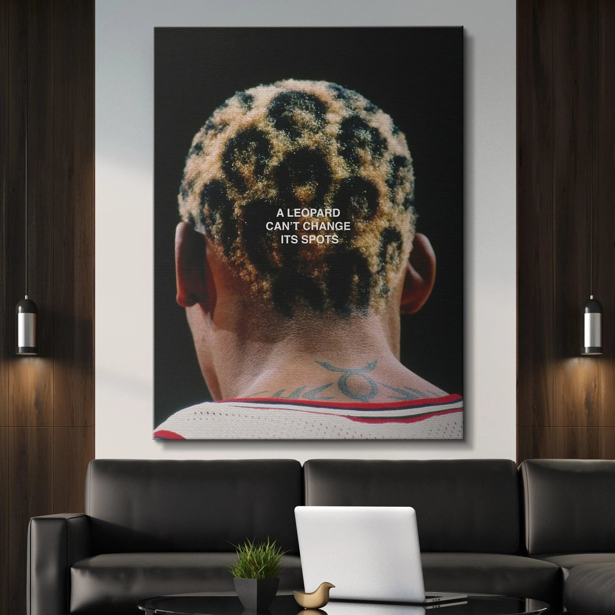 Lifestyle shot of the framed 'Dennis Rodman - Leopard Spots' artwork displayed in a modern loft setting.