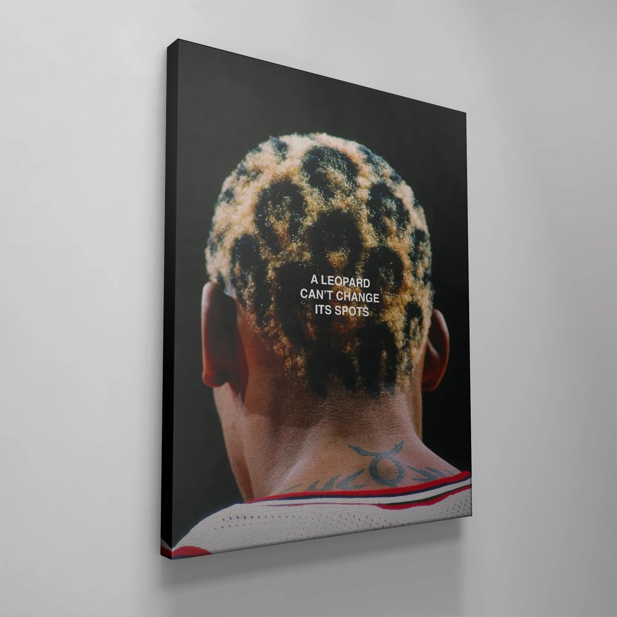 Vertical orientation of the gallery-wrapped 'Dennis Rodman - Leopard Spots' photo print on display.