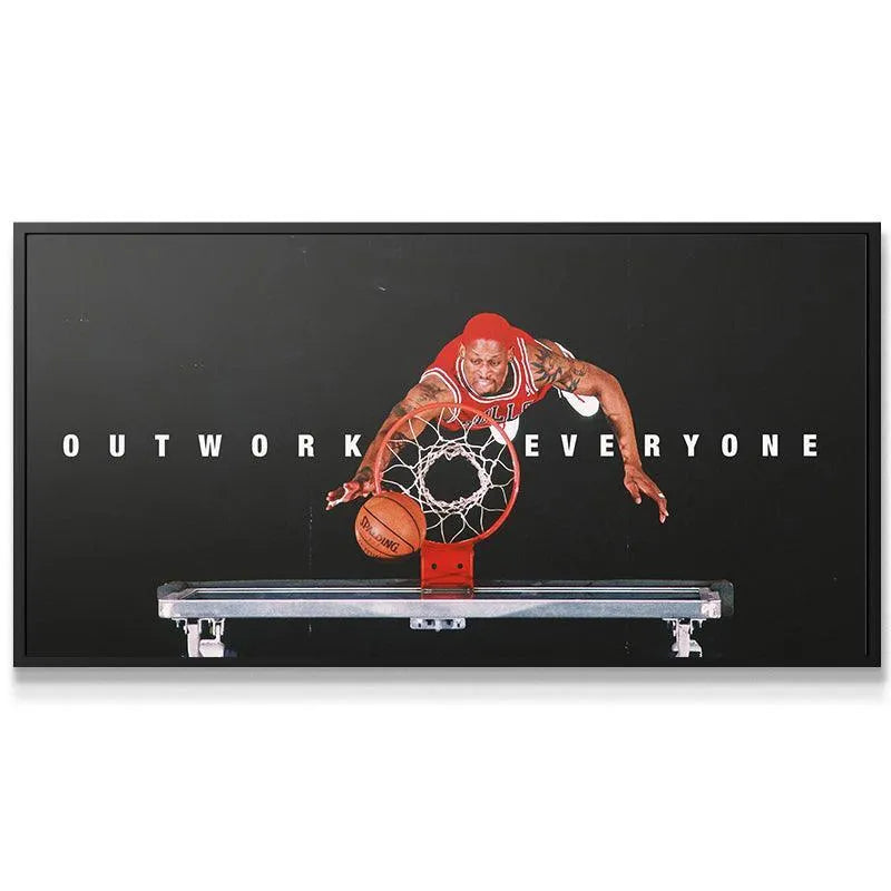 Wide shot of the high-contrast artwork featuring Dennis Rodman - Outwork Everyone mantra on a dramatic black background.
