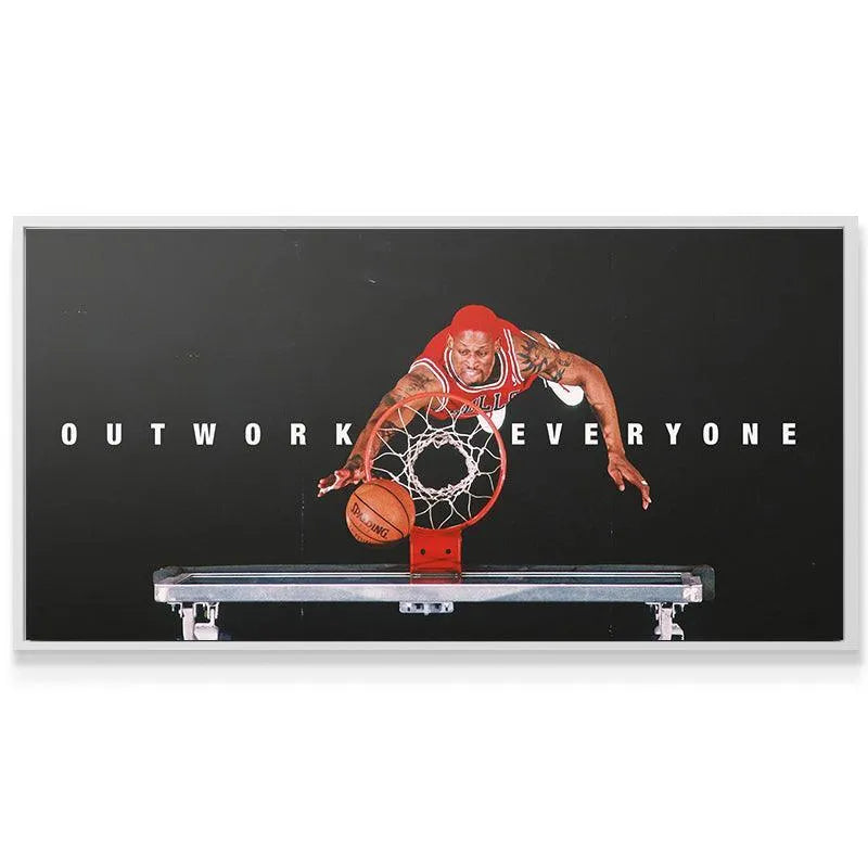 Detailed texture view of the canvas print displaying Dennis Rodman - Outwork Everyone diving through the basketball net.